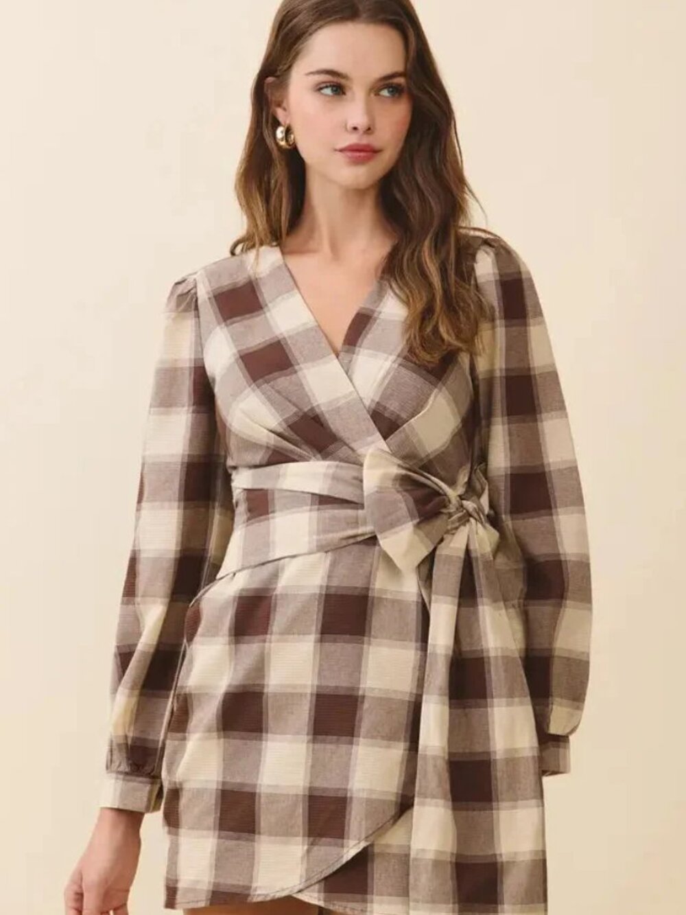 Plaid V-Neck Tie Waist Wrap Mini Dress-Brown